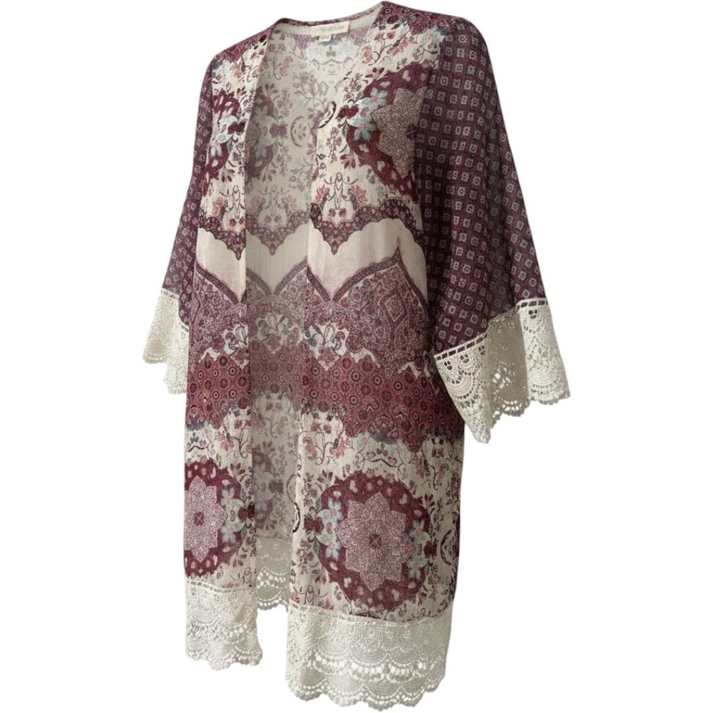 Rewind Floral Sheer Kimono Cardigan Crochet Lace Trim Boho Open Front L